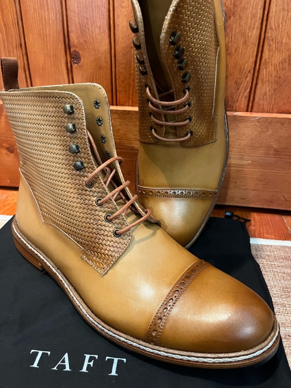 TAFT Woven Cap Toe Boots Tan Leather Size 44 Men’s Lace Up Dress Boot Spain - Picture 12 of 12